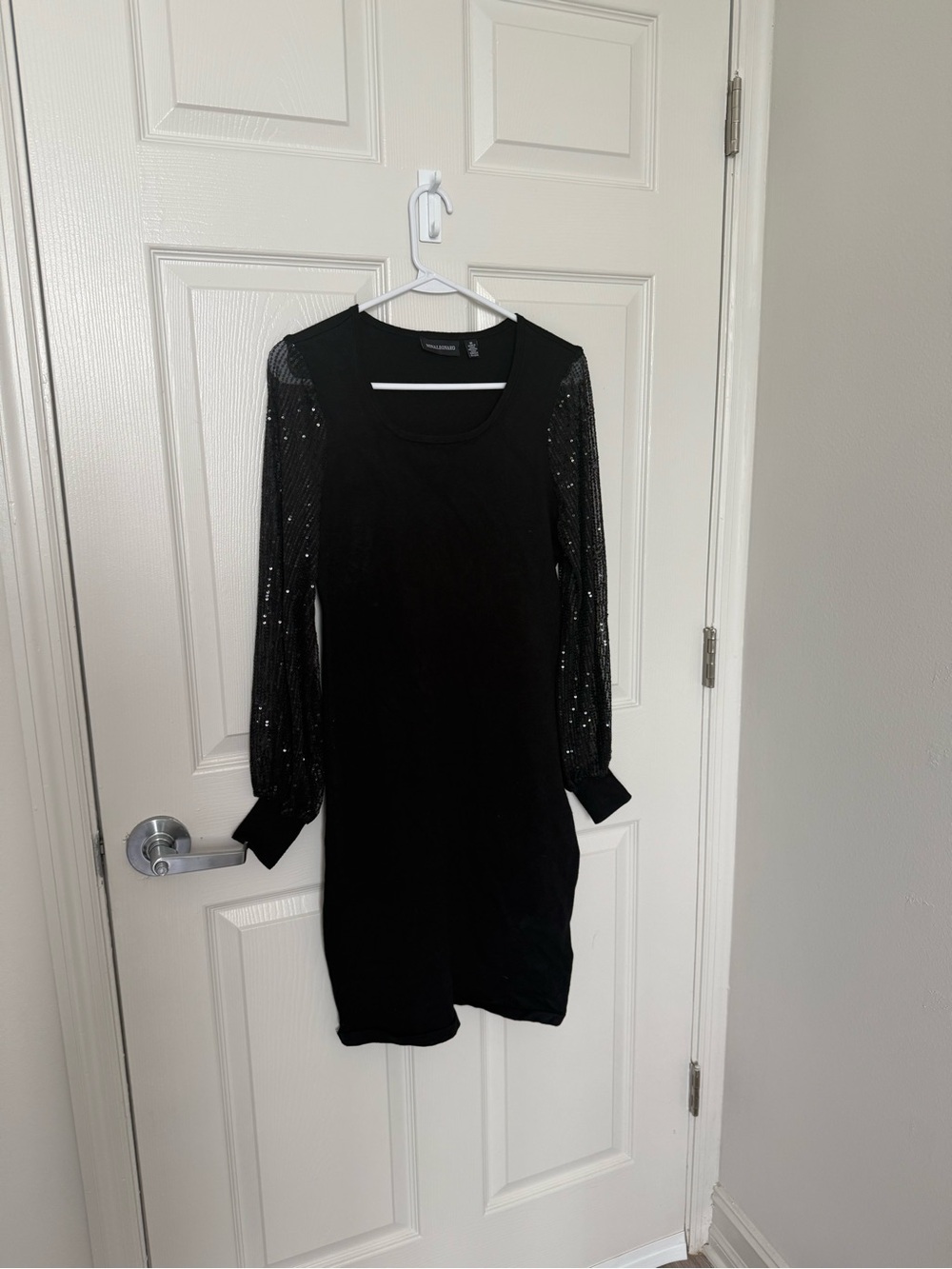 Nina Leonard Black Sweater Dress with Sequin Long Sleeves